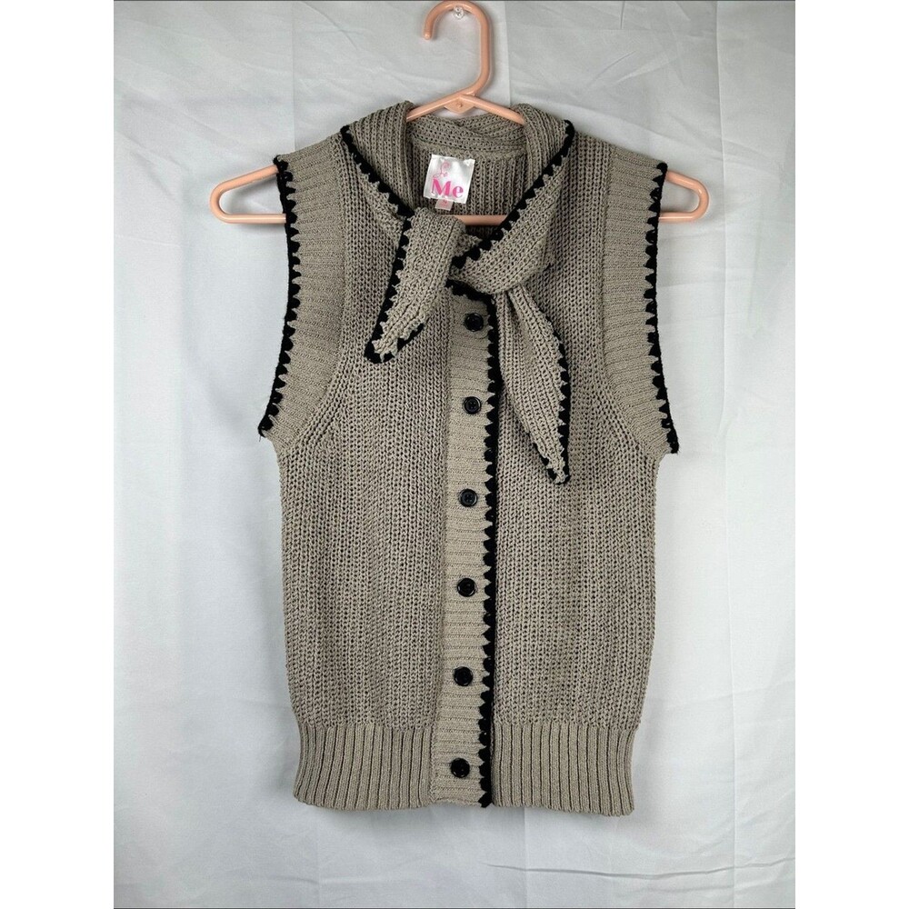 So Me Tie Neck Button Up Sweater Vest Women’s Small Beige Black Contrast Trim